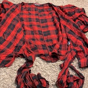 Open Flannel with strings at the bottom to tie